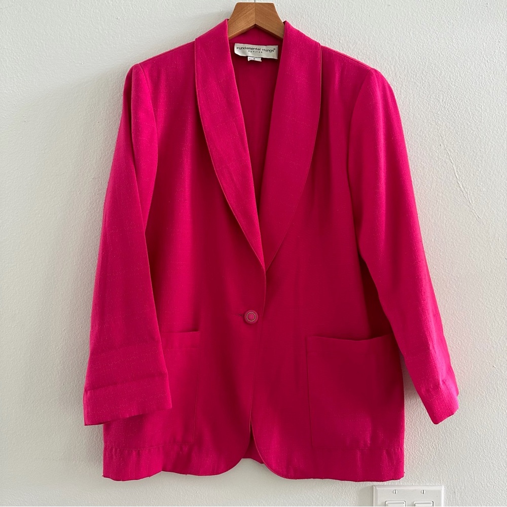 Barbiecore Bright Pink Blazer Petite 4 Single Button Linen Look Statement Jacket